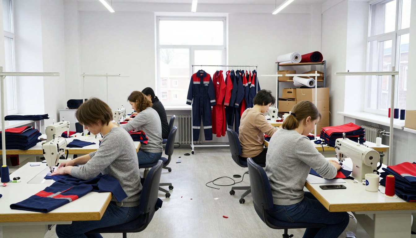 Швеи за работой в цехе DressFactory, на столах сине-красные комбинезоны